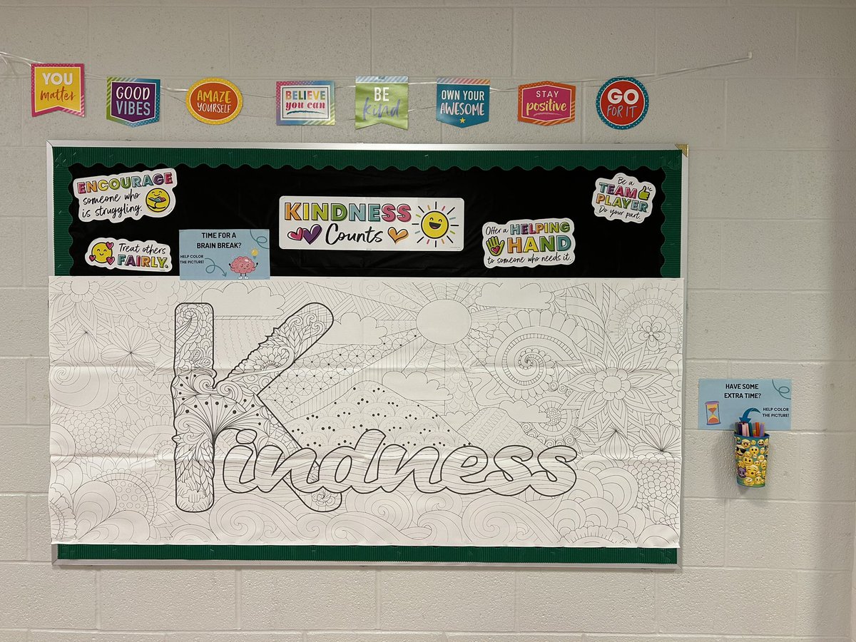 MrsC_HPE's tweet photo. #BulletinBoard between my open #HealthClass classroom & gym. My hope is Ss will use the poster as a calming tool when they need a break from any class & it will be a choice activity during the wellness unit. Ss already started coloring @ classroom visits! #MASDProud #MASDElmwood https://t.co/Y2NUIt0hFA
