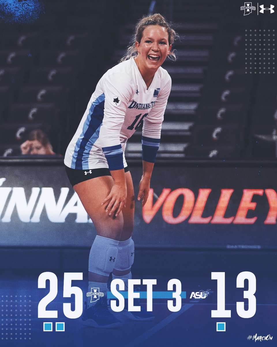 Set three to the Trees! Indiana State hitting .323 for the match with a trio of Sycamores already into double-figures in the kills department! #MarchOn | #ProudToBeATree