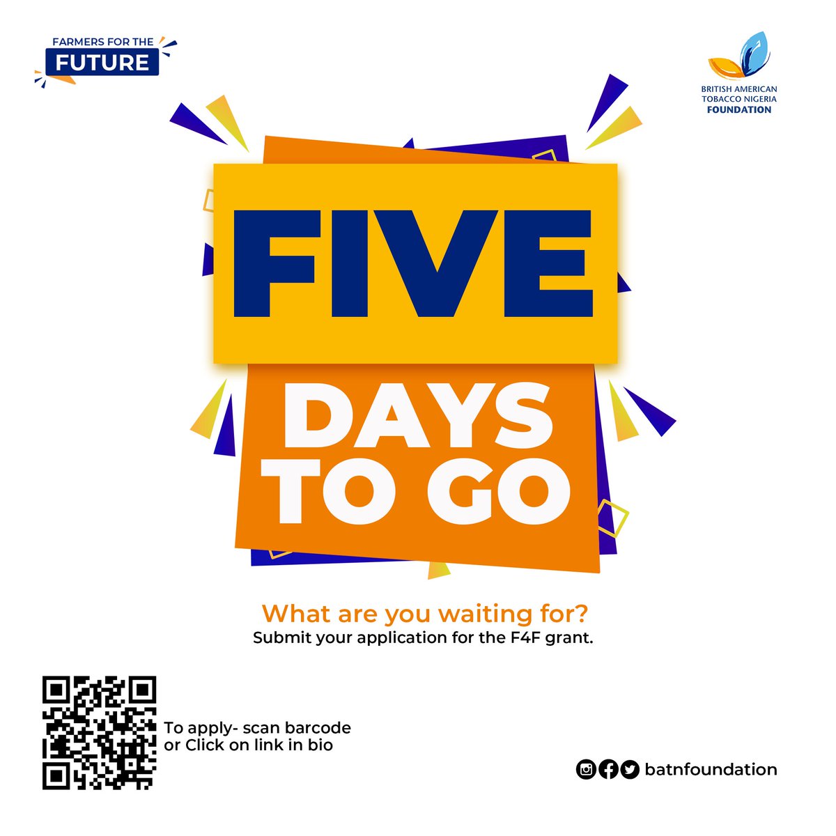 BATNFoundation's tweet image. It’s 5days to the closing of the F4F grant applications. What are you waiting for? Don’t miss out on this opportunity before it’s too late. Tag a corp member to apply. Click on the link in app to apply now #farmersforthefuture #wealthishere #youthcorpers #MakingADifference