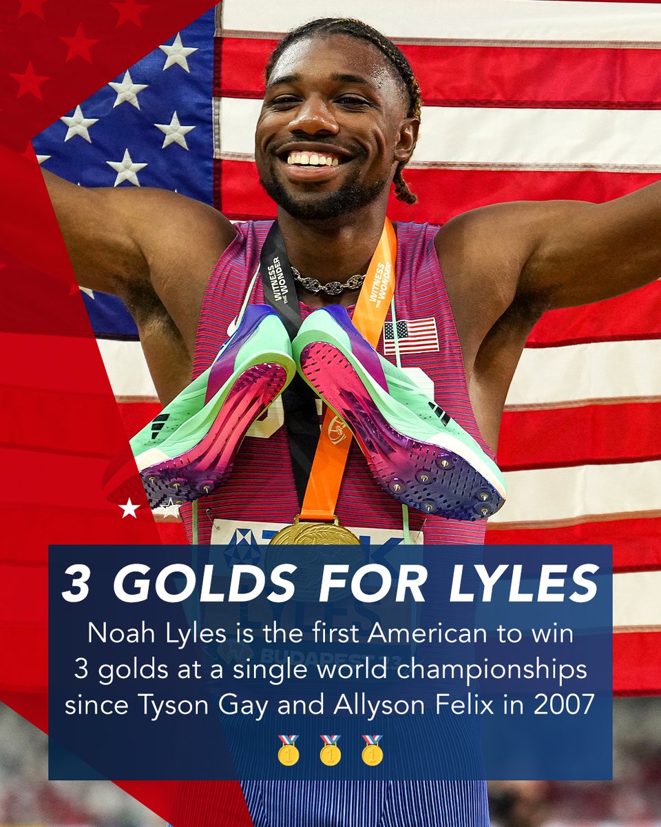 Noah Lyles is a triple threat! #WorldAthleticsChamps 🥇 🥇 🥇