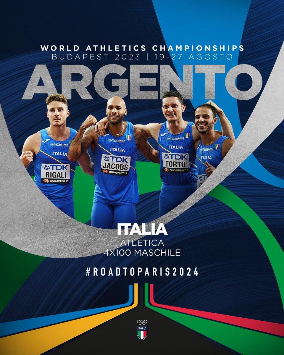 ItaliaTeam_it's tweet photo. UN’ITALIA AL BACIO💙✨

Grande la 4x100 maschile azzurra che a Budapest si esalta sul palcoscenico mondiale e coglie un fantastico argento nella staffetta.🤩🥈

S-T-R-A-O-R-D-I-N-A-R-I💪🏻💪🏻💪🏻💪🏻

#ItaliaTeam @atleticaitalia @wabudapest23 #wabudapest23 @crazylongjumper @FilippoTortu https://t.co/N2JkcOgDYw