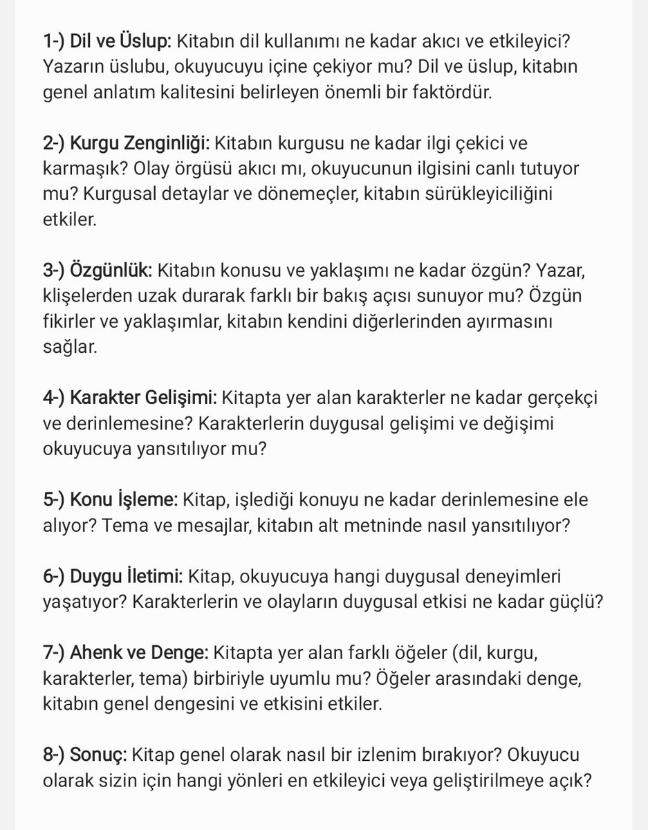 Kitapların hangi bağlamda değerlendirildiğini bilmek isterseniz listemiz bu şekilde. Kitaplarınız 8 kategoride 10 üzerinden puanlanacak. Değerlendirme sonrası isteyen yazarlar kitabının listeden kaç puan aldığını bize ulaşarak öğrenebilecek.