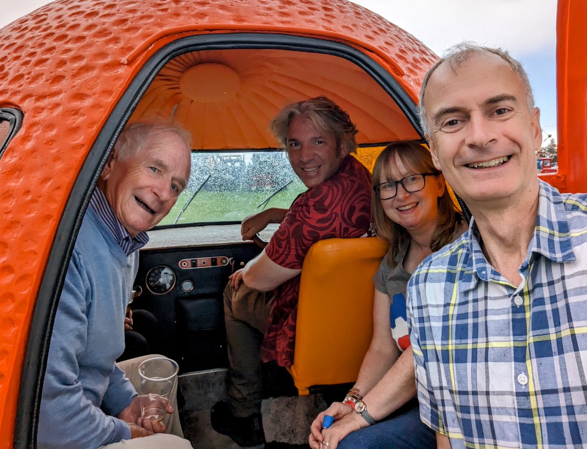 NeilBurgess's tweet photo. It was an absolute pleasure meeting Johnny Ball today. Yes, he's in a motorised orange with @TheEddChina Jo and his lovely wife Diane. @ZoeTheBall 

#thinkofanumber #johnnyball #legend #genius #orange #bbc #gamechanger #awesome #adventure https://t.co/O9prbkmeze