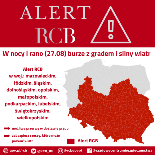 RCB_RP's tweet photo. ‼Uwaga Alert RCB - ⛈burze z gradem i silny wiatr‼

@IMGWmeteo ogłosił 3. najwyższy stopień ostrzeżeń meteorologicznych w 10 województwach. 
„Uwaga! W nocy i rano (27.08) burze z gradem i silny wiatr. Możliwe przerwy w dostawie prądu. Zabezpiecz rzeczy, które może porwać wiatr. https://t.co/RRUDbBwZOC