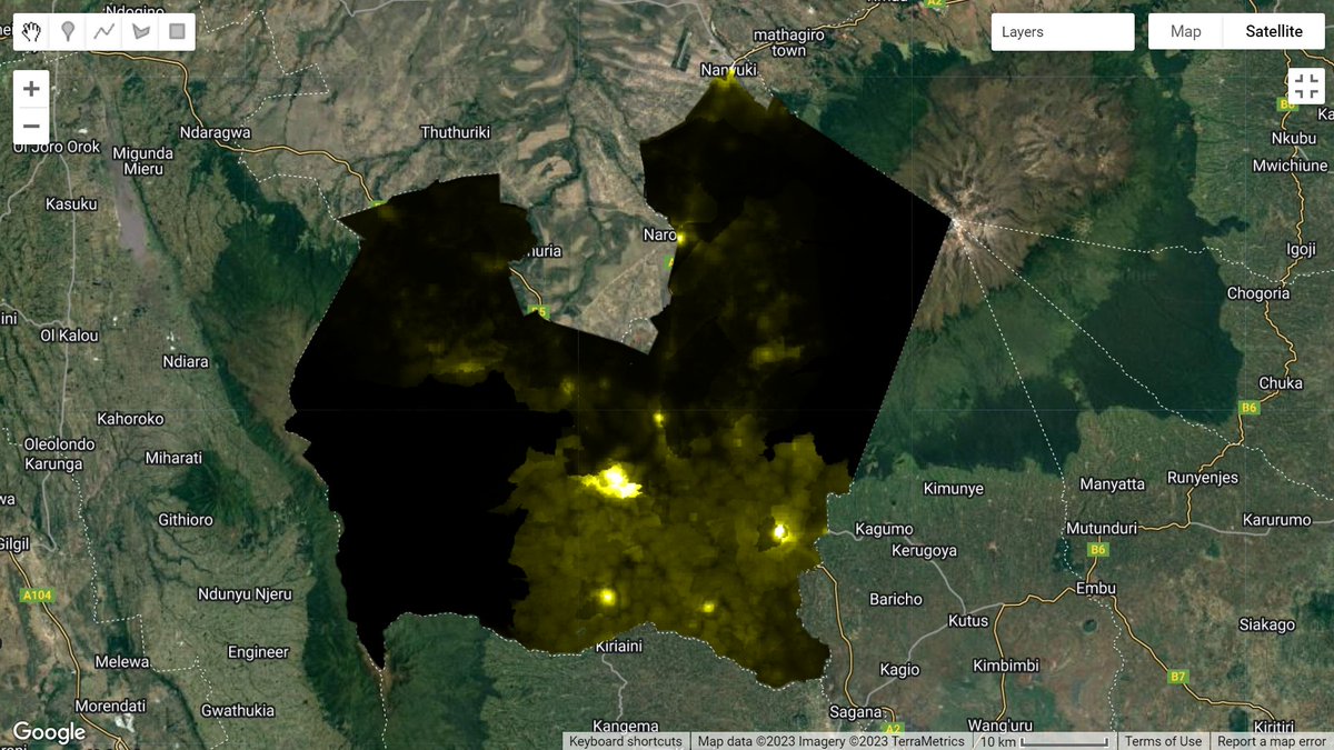 _marymuthee's tweet image. 26/08/2023..#Nyeri county gridded population according to the WorldPop dataset..The dataset was downloaded in #GoogleEarthEngine .
The brighter colors show the places with higher population within the county.