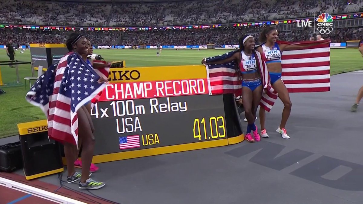 travismillerx13's tweet photo. 41.03 is a 4x100m CHAMPIONSHIP RECORD for the 🇺🇸US women!
#WorldAthleticsChamps https://t.co/oeLPyheuwS