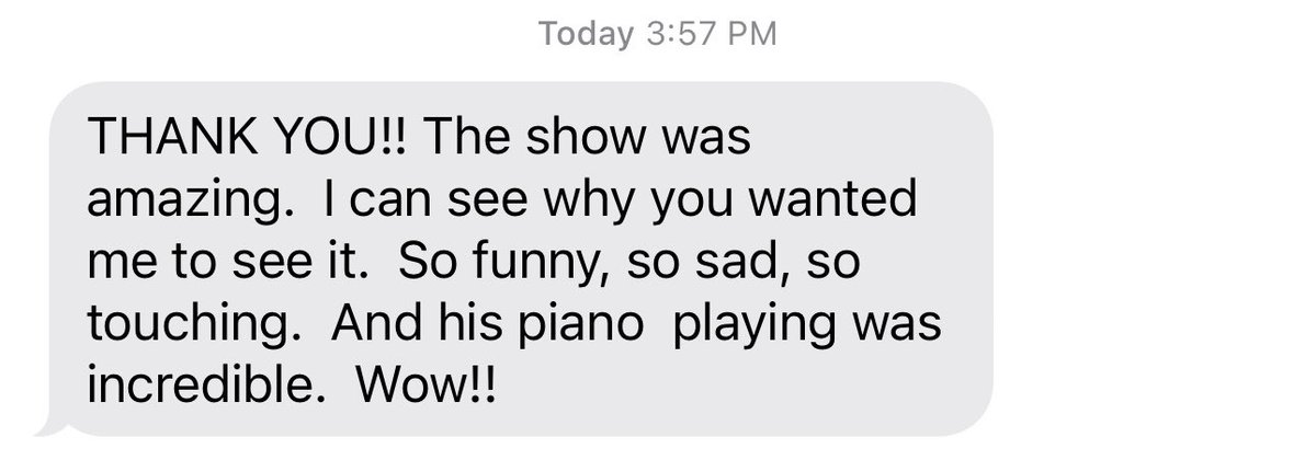 Rushed <a href="/GoodnightOscar/">Good Night, Oscar</a> this AM for my father after seeing the show 3 times myself. This was the text he sent me after the show this afternoon while I’m at work. I can’t belive this show closes  tomorrow