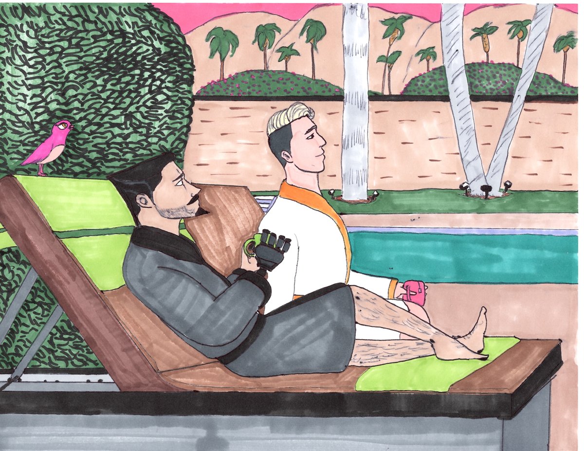 ForeverPsp's tweet photo. "Evening Tea" - Ink and Prismacolor on Paper - This was a piece of fan art I did based off my favorite movie of the year "Nimona." I brought Ballister and Ambrosious to Palm Springs, and of course Nimona tagged along. https://t.co/P8BaN1NTYz