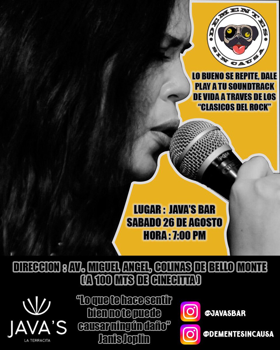 Estimados! Les recuerdo que esto es hoy sabado 26 en Java’s Bar! La terracita Rockera de Bello Monte, a 100 mts. De Cine Cittá, ven y dale play a tu soundtrack de vida con los <a href="/dementsincausa/">Dementes Sin Causa Band</a> !!