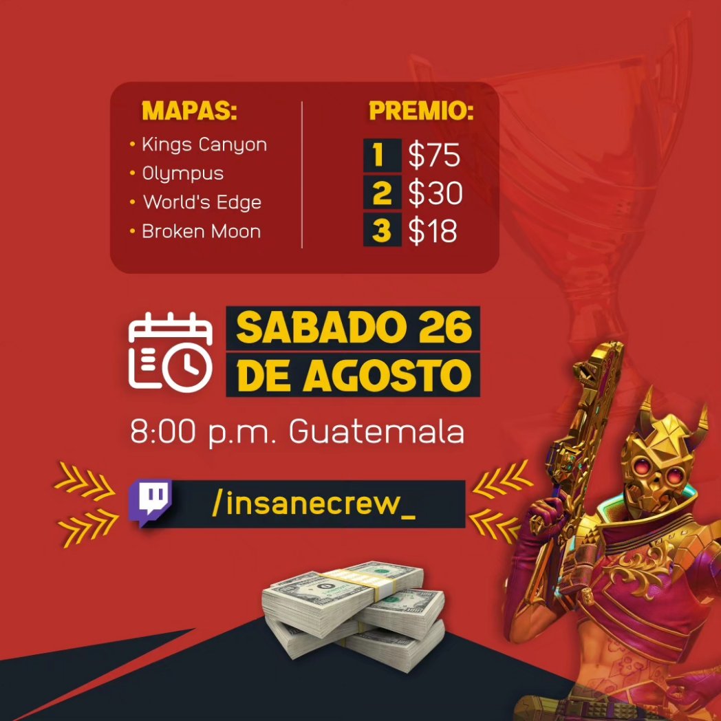 InsaneCrew__'s tweet photo. Es un gusto para nosotros informarles que el día de hoy será el primero torneo organizado por nuestra ORG y será de ApexLegends 

Transmitido por twitch: https://t.co/ee2DGwmaBe

TORNEO DE LEYENDAS, LEEEETS GO 😎🥳

#ApexLegends #apexlegendslatam #apexlegendsps4 #apexlegendspc https://t.co/sbQPt6Mvwv