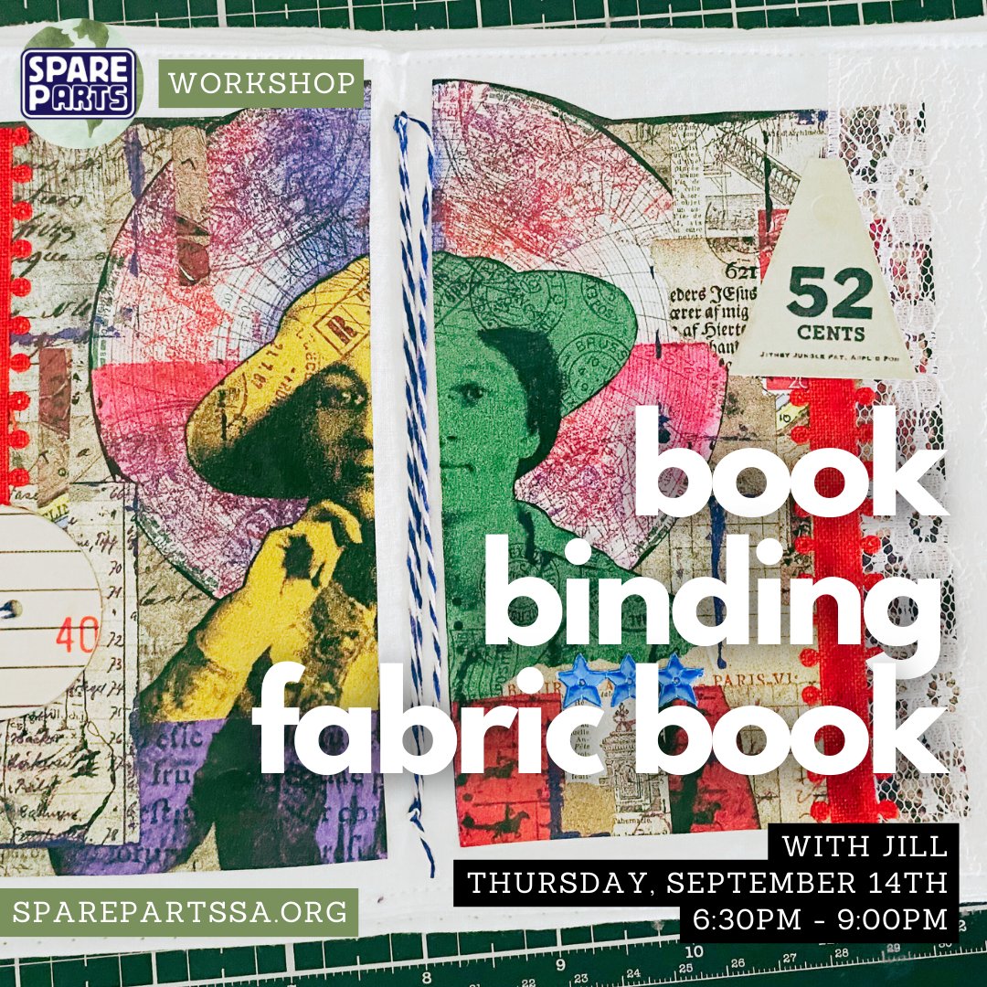 Book Binding a Fabric Book! Workshop $40 / person. Sign up at: spare-parts-san-antonio.square.site/product/worksh…