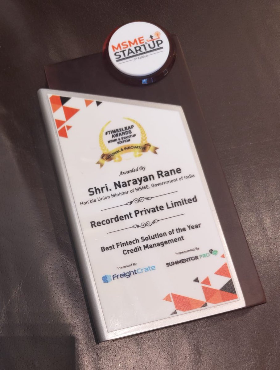 RecordentIndia's tweet photo. We are thrilled and honored to announce that @RecordentIndia has won the coveted #TIME2LEAP National Award for Best FinTech Solution of the year in the credit management category.
#recordent #MSME https://t.co/r2Y2NFbNTn