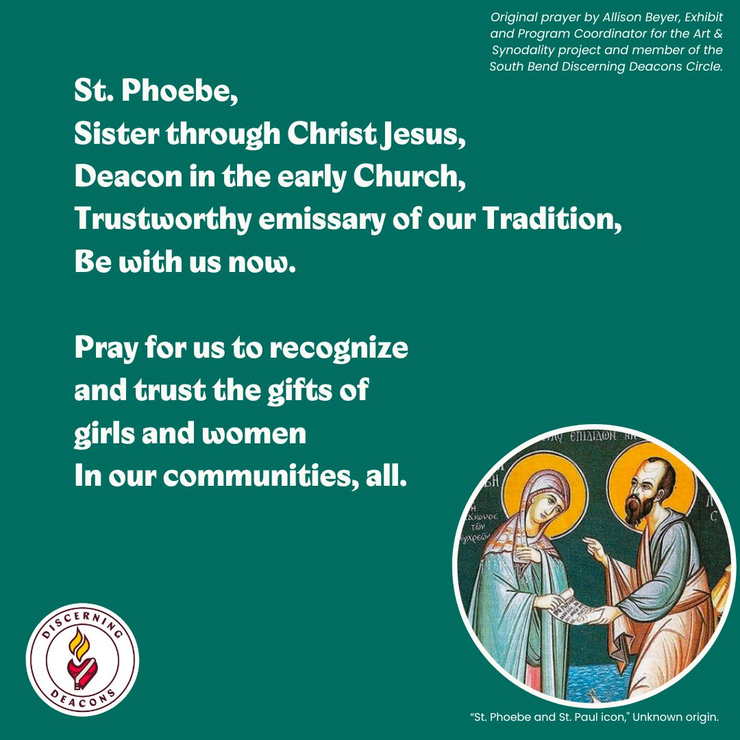 DiscernDeacons's tweet photo. Today marks the beginning of our #Novena to St. Phoebe. Let us gather our intentions and seek her intercession for all those who labor and serve the Gospel. Join us on a transformative journey as we open our hearts to her example of courageous service in the early Church. https://t.co/5sfVNzFhaq
