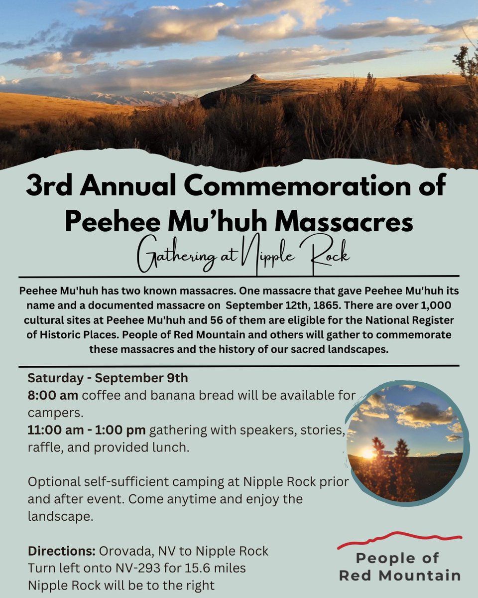 CSORG's tweet photo. On September 12, join the People of the Red Mountain in Orovada, NV, to commemorate the Peehee Mu’huh. The @PeeheeMuhuh movement is pushing to protect Peehee Mu’hu from mining exploitation.
#ProtectPeeheeMuhuh #ProtectThackerPass #LifeOverLithium #EcosystemsOverLithium https://t.co/1ZwvZEB8qP