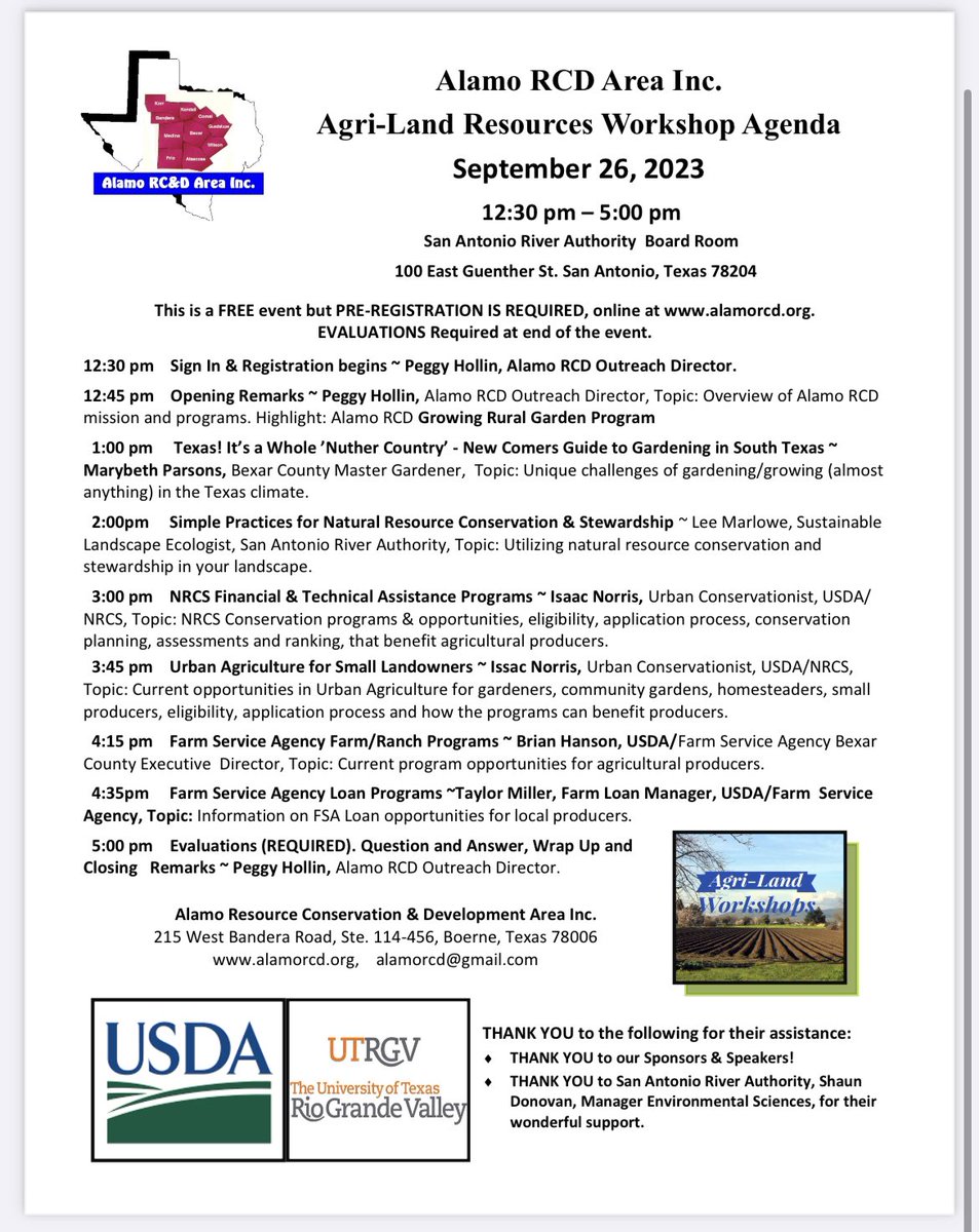ARCDnponet's tweet photo. FREE AGRI-LAND RESOURCE WORKSHOP in BEXAR  County Texas, 
09/26/23, 12:30 pm to 5:00 pm
🔸Pre-REGISTRATION is NOW! at https://t.co/4K0NT1m8ex_
🔸🔸San Antonio,TX, San Antonio River Authority Board Room, Topics USDA, NRCS, FSA, Urban Agriculture, Gardening in Texas, Conservation!! https://t.co/3GGcjWGQNi