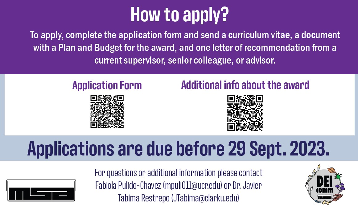 MSAStudents's tweet photo. Are you interested in increasing diversity, equity, &amp; inclusion in mycology?  This is your opportunity to apply to @MSAFungi DEI 2023/24 Interchange Ambassador. Deadline is Sept 29th. Info &amp; Application links ⬇️. For more info please contact @Pulido_Fabi or @Tabima. https://t.co/KkQQ0fbzK1