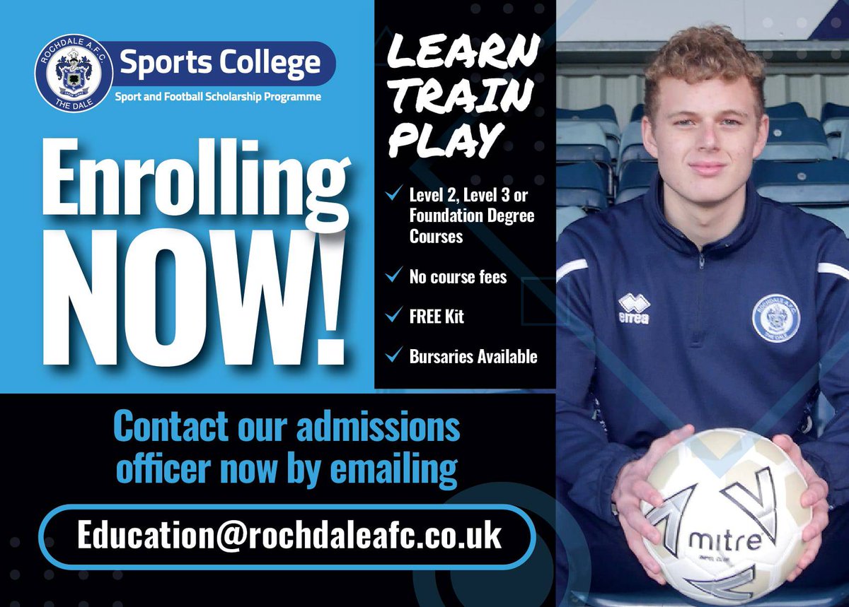 RAFCCommunity's tweet photo. 🎓Disappointed with your GCSEs? Don't worry, there's still an exciting path ahead!

⚽Join us at @RAFCEDUCATION! Our L2 &amp; L3 programme offers the chance to pursue your passion for football while continuing your education.

📩 Education@rochdaleafc.co.uk
🌐 https://t.co/w6USWLQBoP https://t.co/bBtFKnFIzr