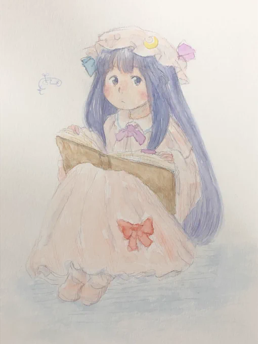 あとこれは穣子の後にこっそり描いてたパチュリー。 透明水彩と色鉛筆と鉛筆。 #PAINTERSHIGH23