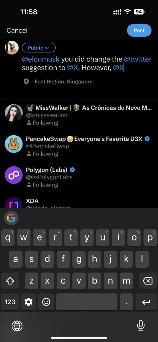 amankbindlish's tweet photo. @elonmusk you did change the @twitter suggestion to @X. However, @X still doesn't suggest @X handle. 
Is that intentional or a step to improve? https://t.co/gehgzbhaVo