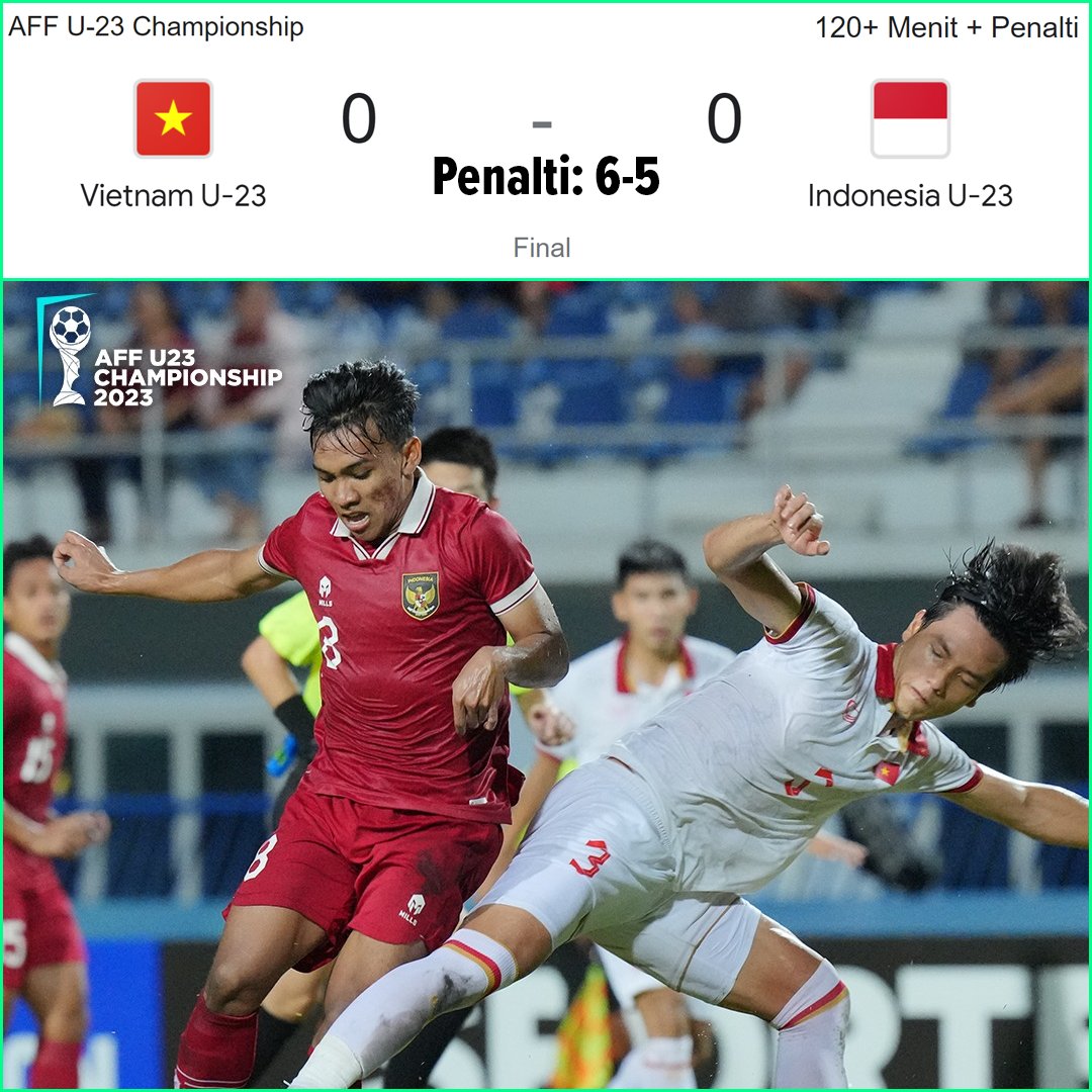 FaktaSepakbola's tweet photo. Terima kasih sudah berjuang, Timnas Indonesia U23! 🇮🇩

Selamat kepada Vietnam U23 berhasil menjuarai Piala AFF U23 2023 👏🏆

Perjuangan luar biasa dari Garuda Muda selama 120+ menit ‼️‼️

#TimnasDay #TimnasIndonesia https://t.co/GmiEPOSMjF