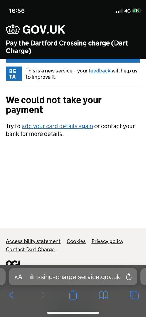 LinsPurnell's tweet photo. @DartCharge trying to pay for crossing today &amp; keep getting this message.  It is a one off payment.  Please advise. https://t.co/mkdNVrPjqK