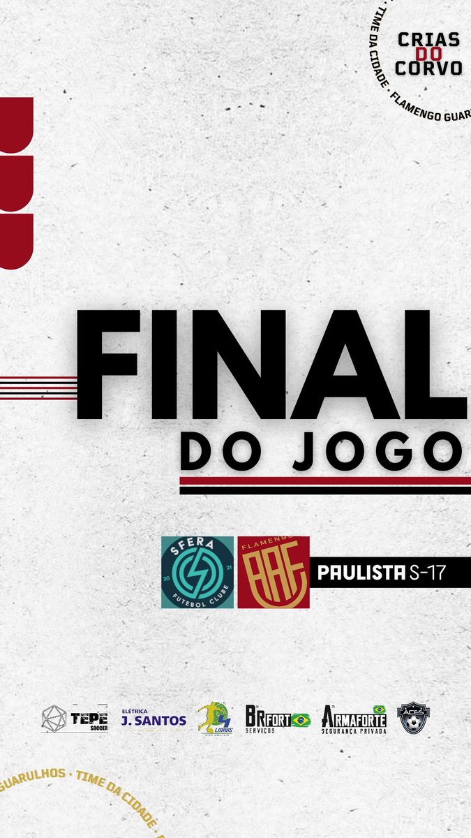 FlaGuarulhos's tweet photo. PTA SUB-17: Fim de partida em Salto! #SFExFLA (1-2)
⚽️ Contra
⚽️ Tubarão
Próxima partida: Flamengo Guarulhos x Ibrachina, sábado, 02/09, às 11h, no Ninho do Corvo.
#VoaCorvo #TimeDaCidade #GuarulhosÉRubroNegra https://t.co/4ZJHDbkiev