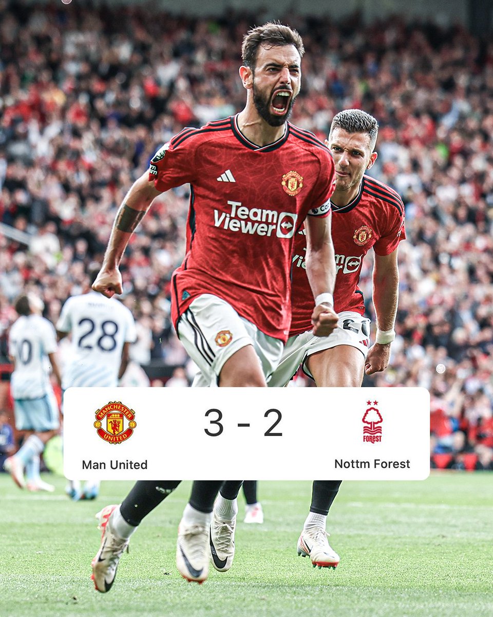 2' - Man United 0-1 Forest
4' - Man United 0-2 Forest
17' - Man United 1-2 Forest
52' - Man United 2-2 Forest
67' - Joe Worrall red card
76' (P) - Man United 3-2 Forest

United take three points in a thriller at Old Trafford 👏