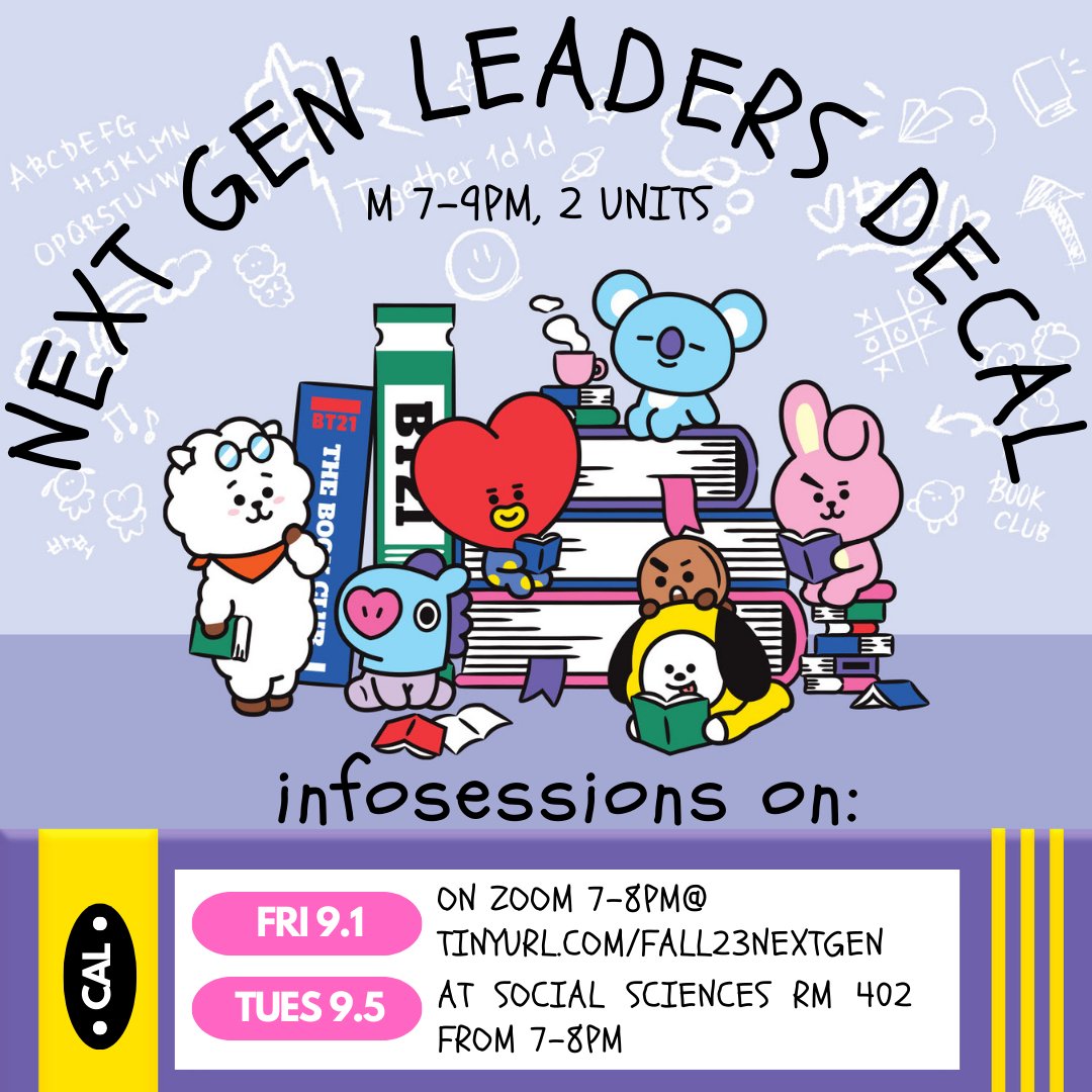 NextGenBTS's tweet photo. In order to apply for the DeCal, you must attend an infosession. If these times don’t work for you—no worries! Email us at nextgenbts@gmail.com 📩💜 https://t.co/YuWOYUo0Qj