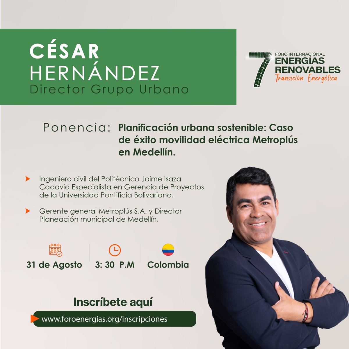 foroenergiar's tweet photo. CÉSAR HERNÁNDEZ, @cesar_hdezc Director de GRUPO URBANO,  nos estará acompañando en la 7ma versión del Foro Internacional de Energías Renovables🍃☀️el  próximo 31 de Agosto en en el HOTEL GHL  de la ciudad de Montería. https://t.co/QJB2JaU7Ms