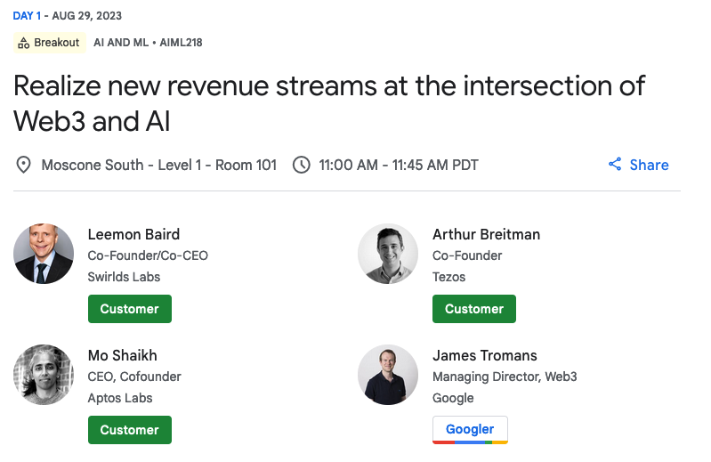 Upcoming session, #GoogleNext 2023:

🇺🇸 SF, CA | Aug 29 | 11AM PDT

‘Realize New Revenue Streams at the Intersection of #web3 and #AI’

#Hedera Co-Founder and Co-CEO of <a href="/SwirldsLabs/">Swirlds Labs</a> joins <a href="/Tezos/">Tezos</a> Co-Founder <a href="/ArthurB/">Arthur B.</a>, <a href="/aptoslabs/">Aptos Labs</a> CEO <a href="/moshaikh/"></a> and <a href="/GoogleCloud/">Google Cloud</a> Managing Director of