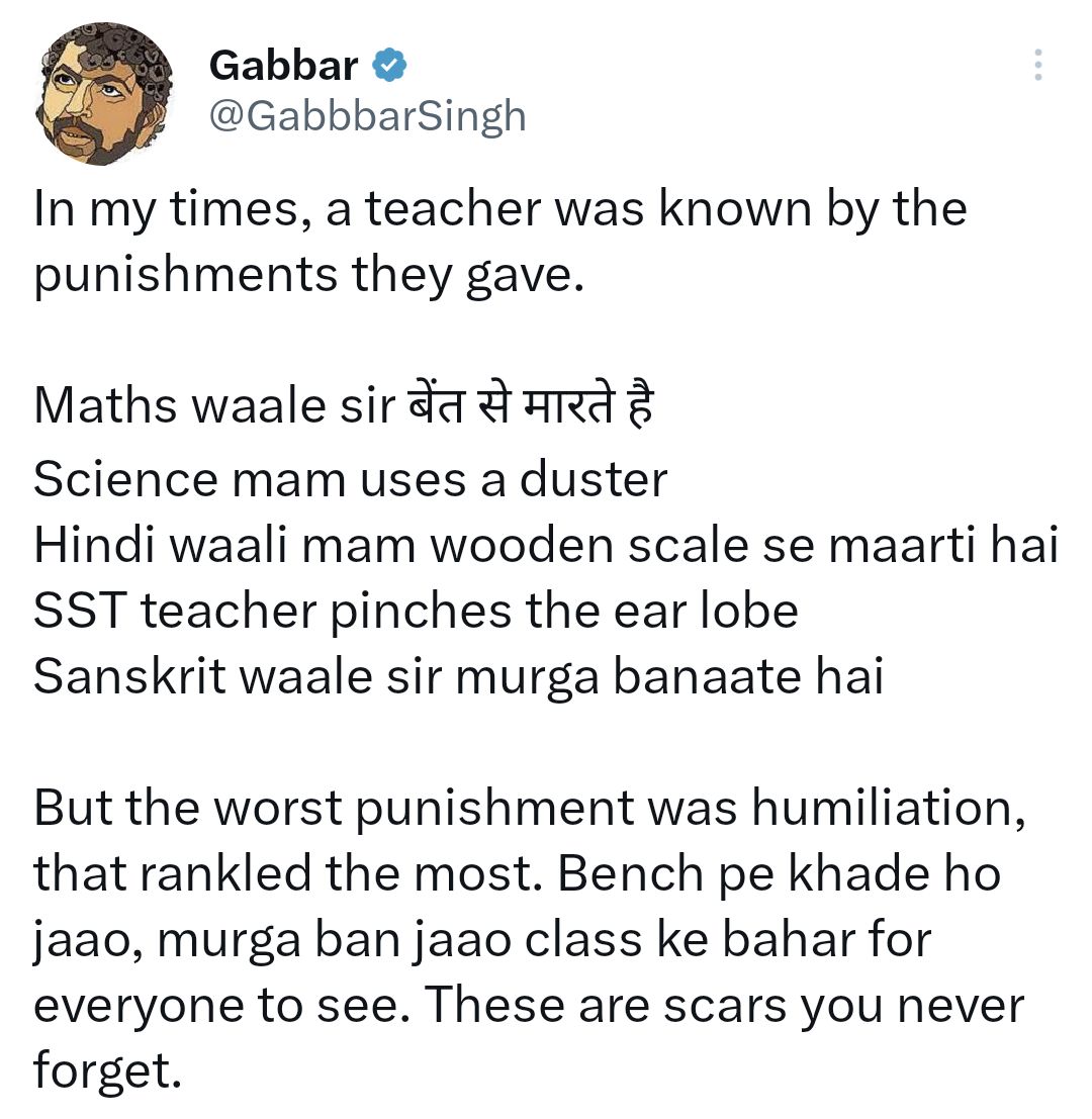 These Sanghi enablers will write tangential "topical" posts about teachers and punishments to write things that trend with the current news but can't get themselves to condemn teachers promoting communal violence in classrooms. 

Absolute gutter scum.