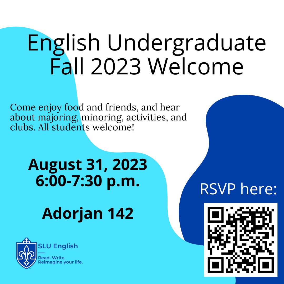 The English Department Fall Welcome Back Event will take place on Thursday, August 31, 6-7:30 in Adorjan 142. Come eat, meet other English majors and minors and English faculty, and hear about all the ways to get involved with the Department.