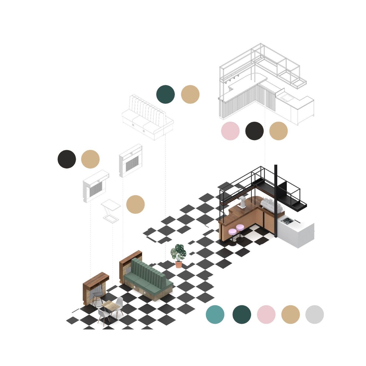 DHARATAL1's tweet photo. Sharing the axonometric view of an adaptive reuse design proposal for a café in a historical building at the town center of Botoșani, Romania. This view briefly describes the furniture design, their orientation within the space and the adopted color palette. 
#cafe #interiors https://t.co/haongRPIB2