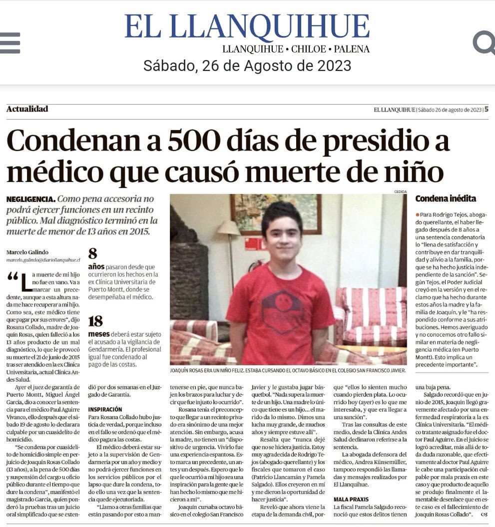 RodrigoTejos3's tweet photo. #Negligenciamedica Ayer el JG de Pto Montt comunicó el contenido de la sentencia condenatoria en contra del médico que desatendió al menor Joaquín Rosas: 500 días (pena remitida), suspensión cargo u oficio público y costas. Ojalá que casos como el de Joaquín no vuelvan a ocurrir. https://t.co/YdoewjulyU