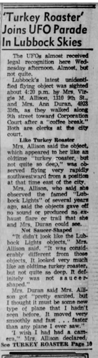 ContemTXHist's tweet image. The July 25, 1957 Lubbock Avalanche Journal carried a story about two court clerks who saw a UFO that looked like a turkey roaster while walking the streets of Lubbock.