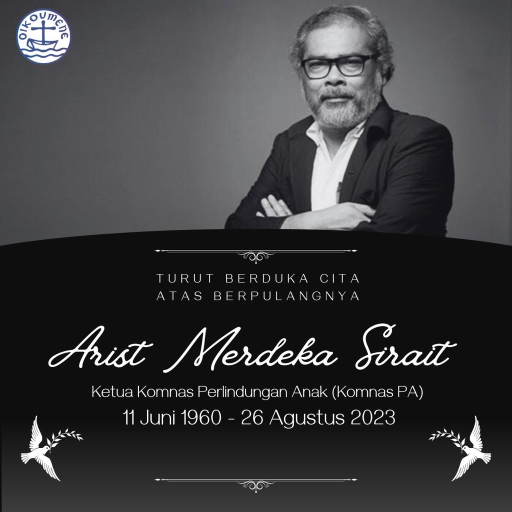 Segenap keluarga besar Persekutuan Gereja-gereja di Indonesia turut berduka cita atas berpulangnya Arist Merdeka Sirait, Ketua Komnas Perlindungan Anak RI, 26 Agustus 2023. Semoga mendiang mendapatkan tempat terindah di surga Bapa
#pgi #komnasperlindungananak #aristmerdekasirait