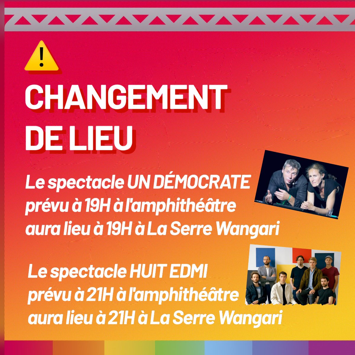 SaintOuensScene's tweet photo. 🚨 Mise à jour des lieux 🚨

Changement de lieu pour les spectacles ce soir :
- "UN DÉMOCRATE" à 19h se déroulera désormais à La Serre Wangari.
- "HUIT EDMI" à 21h aura également lieu à La Serre Wangari.

#SaintOuenSurScene #ChangementDeLieu #SpectaclesEnLive https://t.co/6Lh1uDJehn