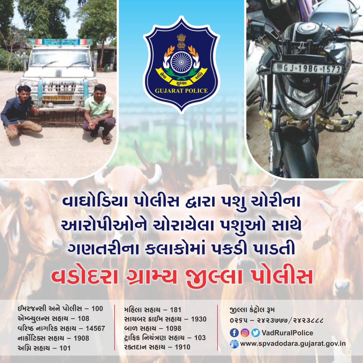 VadRuralPolice's tweet photo. વાઘોડિયા પોલીસ દ્વાર પશુ ચોરીના આરોપીઓને ચોરાયેલા પશુઓ સાથે ગણતરીના કલાકોમાં પકડી પાડતી વડોદરા ગ્રામ્ય જીલ્લા પોલીસ
#crimesolve https://t.co/sQOIfrlUxH