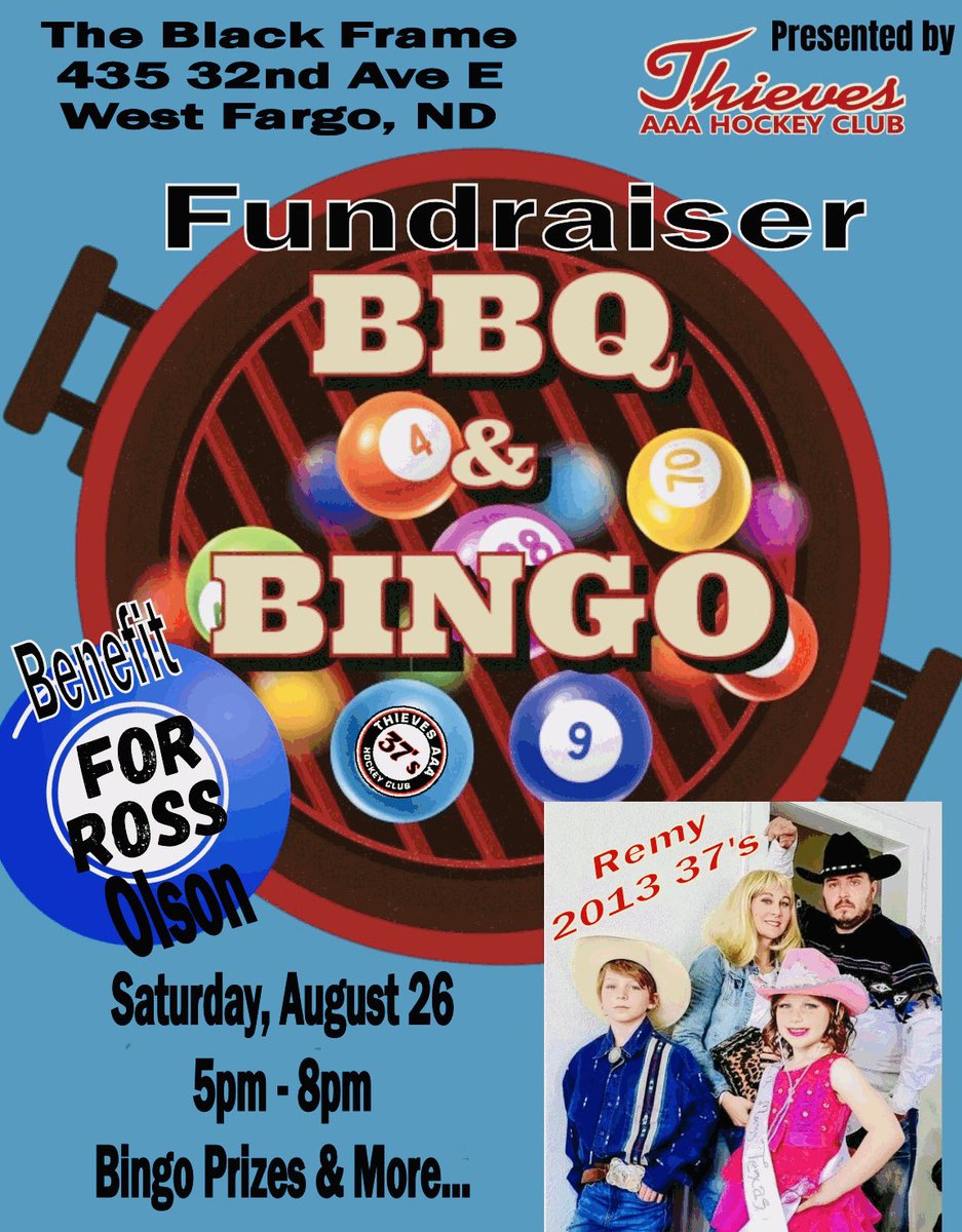 ThievesHockey's tweet photo. We’d like to invite ALL Players and Families at @LHfargo to join us for a Fundraiser to benefit one of our very own - Ross Olson Family!! BBQ &amp; Bingo @ 5pm in The Black Frame Parking Lot - West Fargo. All Proceeds to the Olson Family. @TheRinkLive @YouthHockeyHub @ValleyNewsLive https://t.co/v4Ve8Cma8f