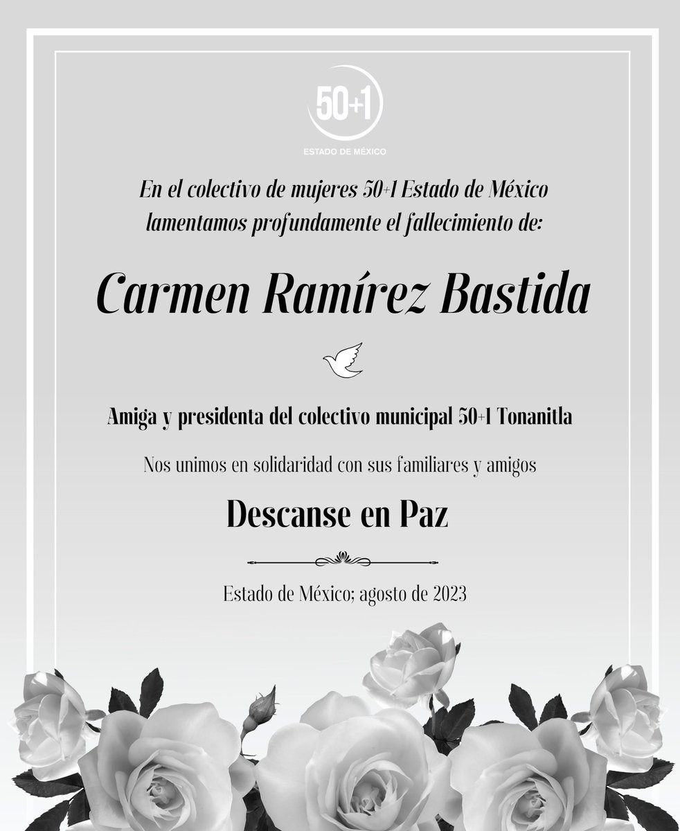 50mas1edomex's tweet photo. Lamentamos profundamente el fallecimiento de nuestra muy querida amiga, Ma. del Carmen Ramírez Bastida, Presidenta del colectivo municipal en Tonanitla.

Enviamos nuestras condolencias a sus familiares y amigos. 

Nuestras oraciones con ella.🕊️🙏 https://t.co/2v7WQoV8nk