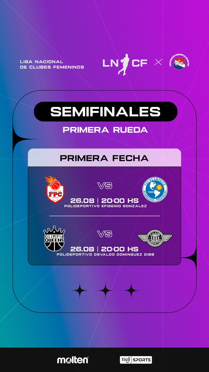 cpb_py's tweet photo. ¡Hoy inicia la segunda etapa de la Liga Nacional de Clubes Femeninos! ⛹️♀️
🔛 Semifinales - Primera Rueda
✅ Fecha 1
🕖20:00
Felix Pérez Cardozo
🆚
Sol de América
📍Polideportivo Efigenio González
Olimpia Queens
🆚
Libertad
📍 Polideportivo Osvaldo Domínguez Dibb
#LNCF 🏀 https://t.co/6sFCPecXzG