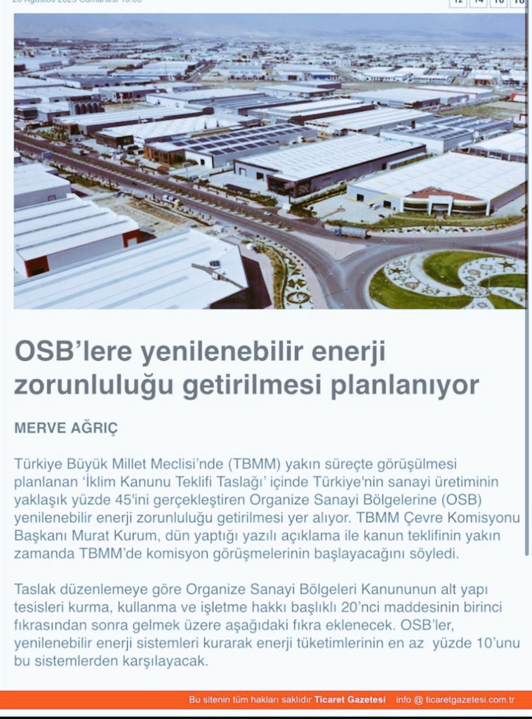 🏭Organize Sanayi Bölgelerine (OSB) yenilenebilir enerji zorunluluğu getirilmesi planlanıyor. ⚡🔋☀️

Türkiye'nin sanayi üretiminin yaklaşık %45'ini Organize Sanayi Bölgeleri karşılamakta. 

OSB’ler, yenilenebilir enerji sistemleri kurarak enerji tüketimlerinin en az  yüzde