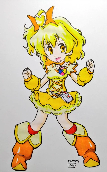 キュアパイン。塗った!  作画コストがホントちょうどいいのでおえかき練習のモデルとしては最適ですね、プリキュアさんシリーズ。