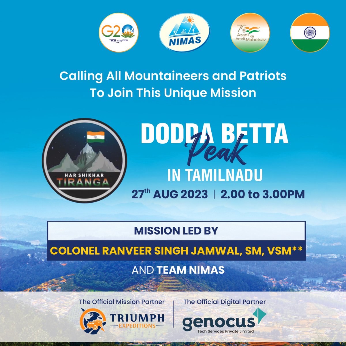 genocustech's tweet photo. On 27/08/2023, As a part of #HarShikharTiranga (HST) mission Veteran Colonel Ranveer Singh Jamwal scales Doodabetta peak . Come &amp; Be a part of this historic mission. Team #Genocus privileged to be the Official Digital Partner 

#HarShikharTiranga #RanveerJamwal #NIMAS https://t.co/VCewmfGqSy