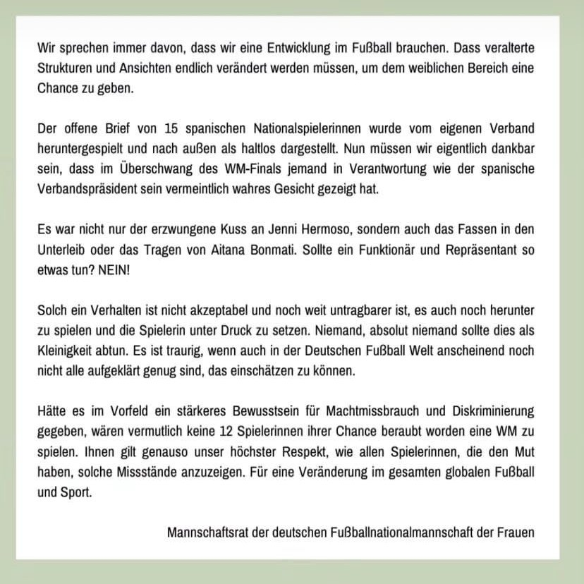 🚨 COMUNICADO de la selección alemana en apoyo a <a href="/Jennihermoso/">Jenn1 Hermos0</a>:

🗣️"La carta abierta de 15 jugadoras españolas fue minimizada por su propia federación y presentada como infundada. Ahora debemos agradecer que en la celebración de la final del Mundial, alguien con responsabilidad