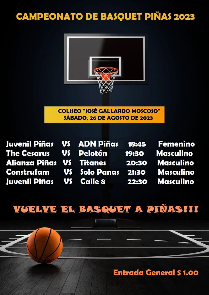 RadioElite1027's tweet photo. #Piñas: después de 6 años, vuelve a vivir las emociones del #basquet, los partidos se disputan todos los sábados a partir de las 19:00 en el coliseo “Jose Luis Gallardo Moscoso”, asiste y apoya a tu equipo y al deporte piñasense. Aquí la cartelera de este sábado
 #26agosto👇 https://t.co/Ksq3hp5zMB