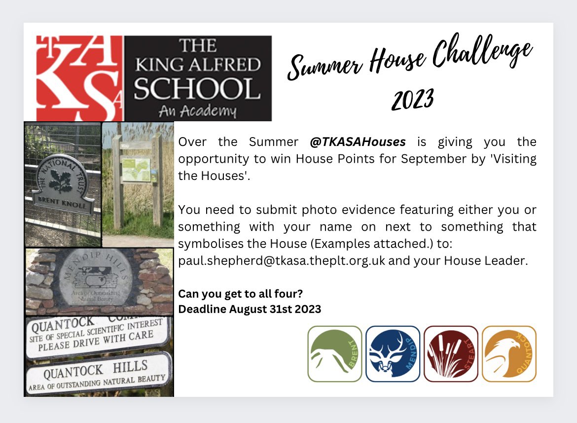 TKASAHouses's tweet photo. Not long to go now.
Remember if you’ve visited a house area
#Brent 💚 @oliviakward
#Mendip 💙 @Josh_Moore_1997
#Quantock 💛 @miss_probert
#Steart ❤️ @Nigels73
Get your proof emailed over to Mr Shepherd Paul.Shepherd@tkasa.theplt.org.uk https://t.co/WmcyqUDZ3a