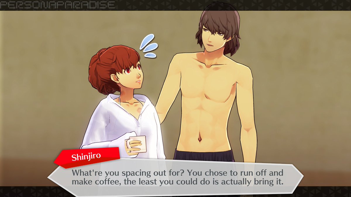 personaparadise's tweet photo. The morning after "You spent a long time with Shinjiro" (1/3)

#Persona3 #P3P https://t.co/7NBvp6tePj