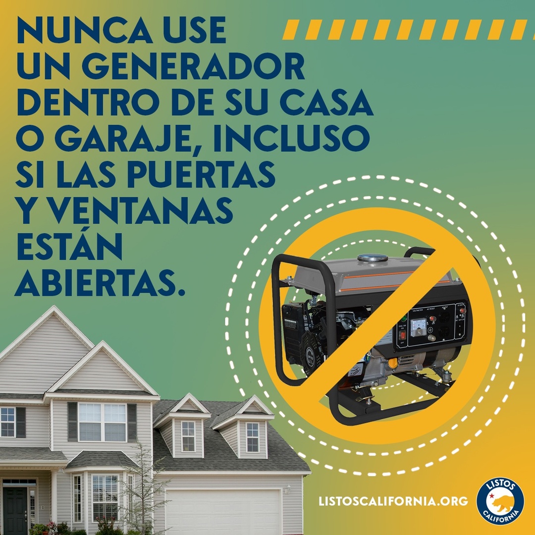 ListosCA's tweet image. Los generadores de respaldo portátiles producen monóxido de carbono, un gas venenoso.

🚫Nunca use un generador dentro de su casa o garaje, incluso si las puertas y ventanas están abiertas.

✅Solo use generadores afuera, a más de 20 pies de distancia de su hogar.