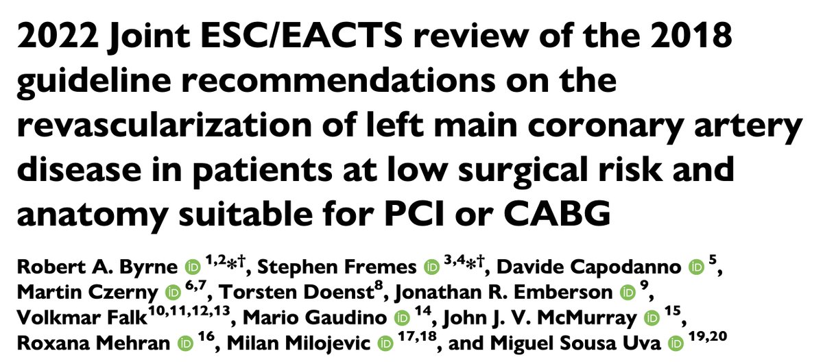 Six ESC and six EACTS appointees reviewed the evidence for stable patients with left main disease, low or intermediate SYNTAX score, low predicted surgical risk, and suitable anatomy for PCI and CABG. The result was a revised class IIa for PCI. academic.oup.com/eurheartj/adva…